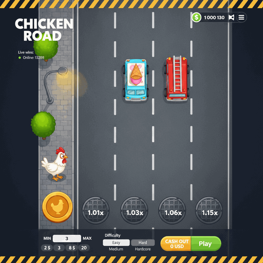 Chicken Road game screen showing a cartoon white chicken character standing at the edge of a multi-lane road with gray asphalt surface and white dashed lane dividers, preparing to cross from left to right while avoiding oncoming traffic, with multiplier values displayed on circular manhole covers across each lane