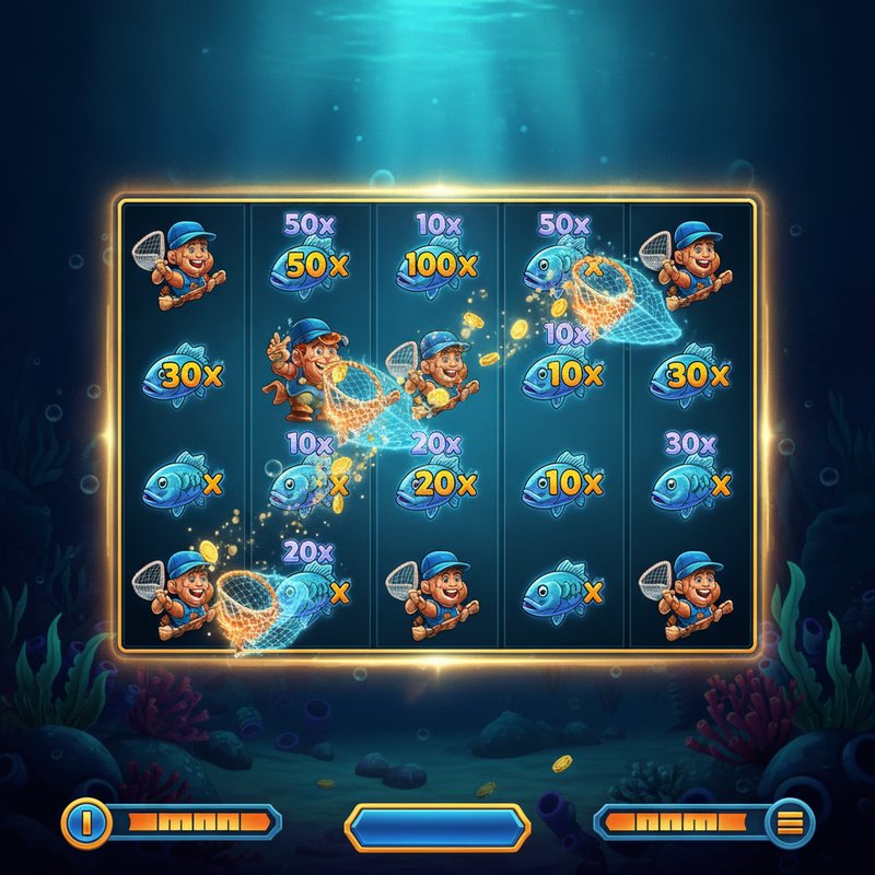 Fishin Frenzy free games feature with fisherman wild catching fish prize values on screen