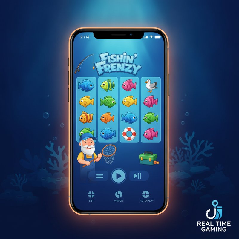Fishin Frenzy slot running on a mobile device with ocean background and Real Time Gaming logo