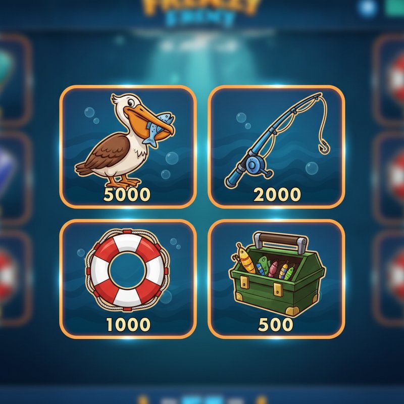 Fishin Frenzy paytable displaying pelican, fishing rod, life preserver and tackle box symbol payouts